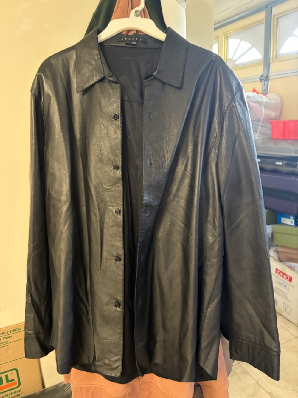 Theory Black Leather Button-Down Shirt Jacket